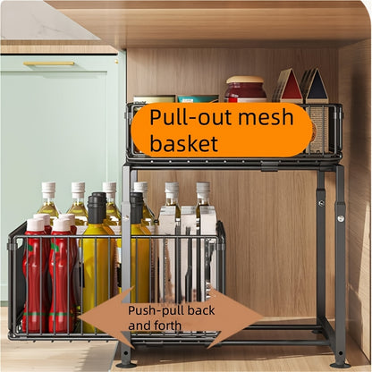 Organizzatore estraibile a 2 ripiani per sottolavello, regolabile e per carichi pesanti, con cassetti scorrevoli - Telaio in carbonio adatto per cucina, bagno, dispensa, ripiano di stoccaggio, organizzatore per armadietto ad altezza regolabile, sistema di