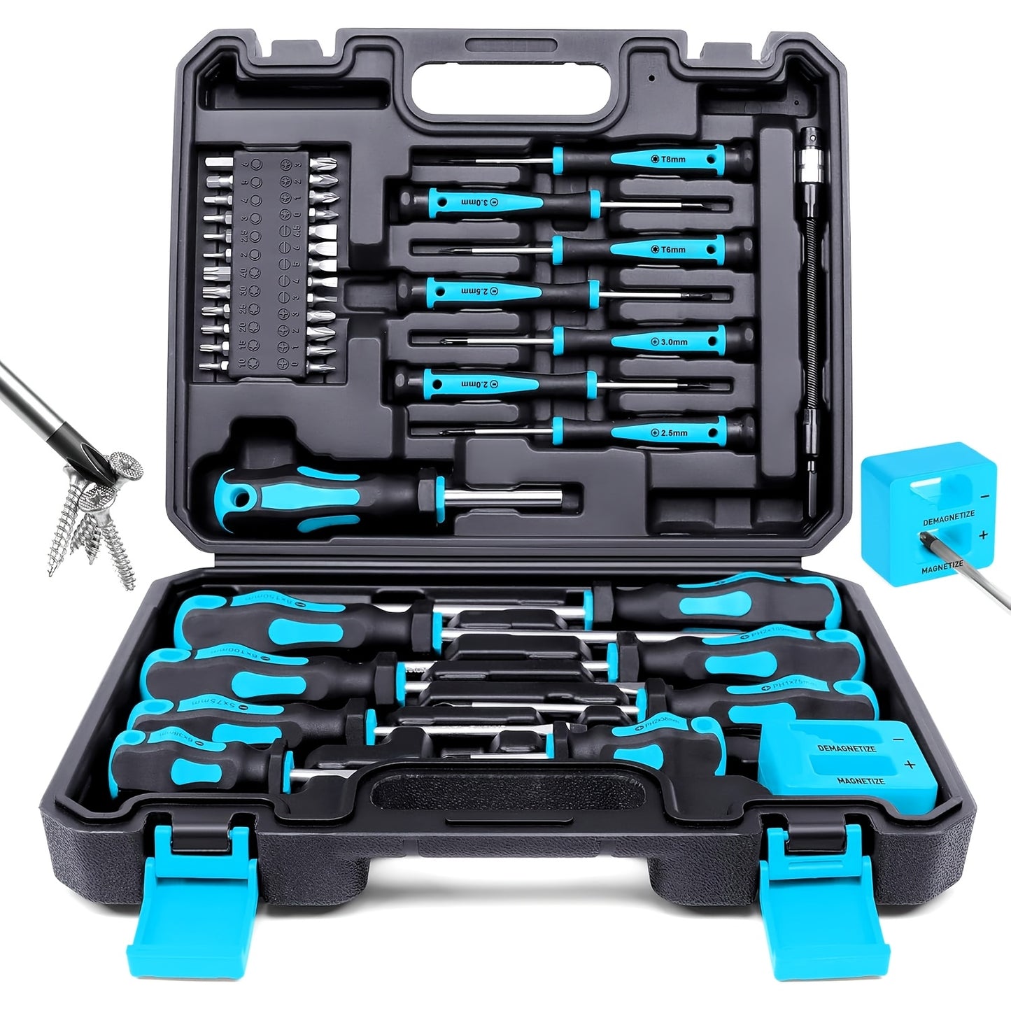Set di cacciaviti magnetici da 42 pezzi, inclusi cacciaviti a taglio, a croce, esagonali, a stella e di precisione, insieme a uno strumento di smagnetizzazione