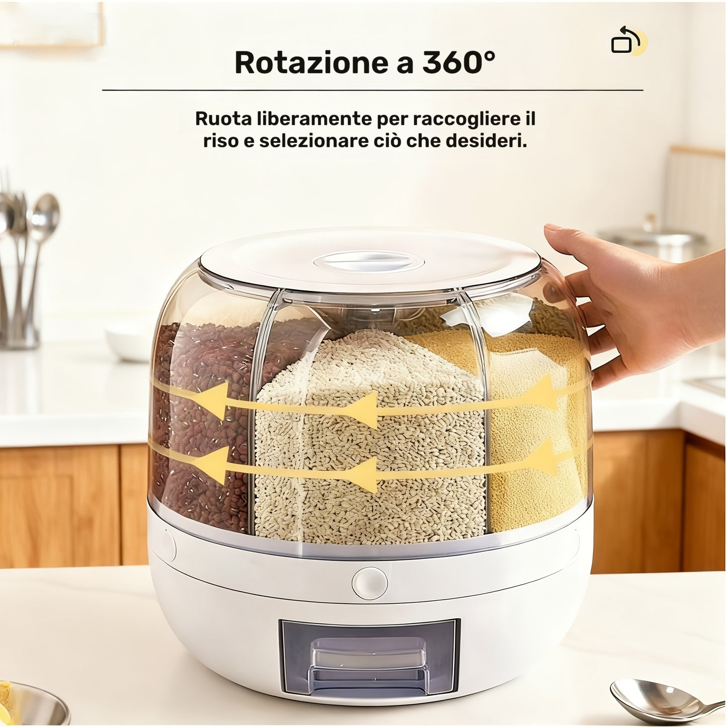 1 pz Contenitore rotante per la conservazione dei cereali, Contenitore rotante di grande capacità per il riso e i cereali, Contenitore per la conservazione di cereali integrali, Dispensazione one-touch per piccoli cereali