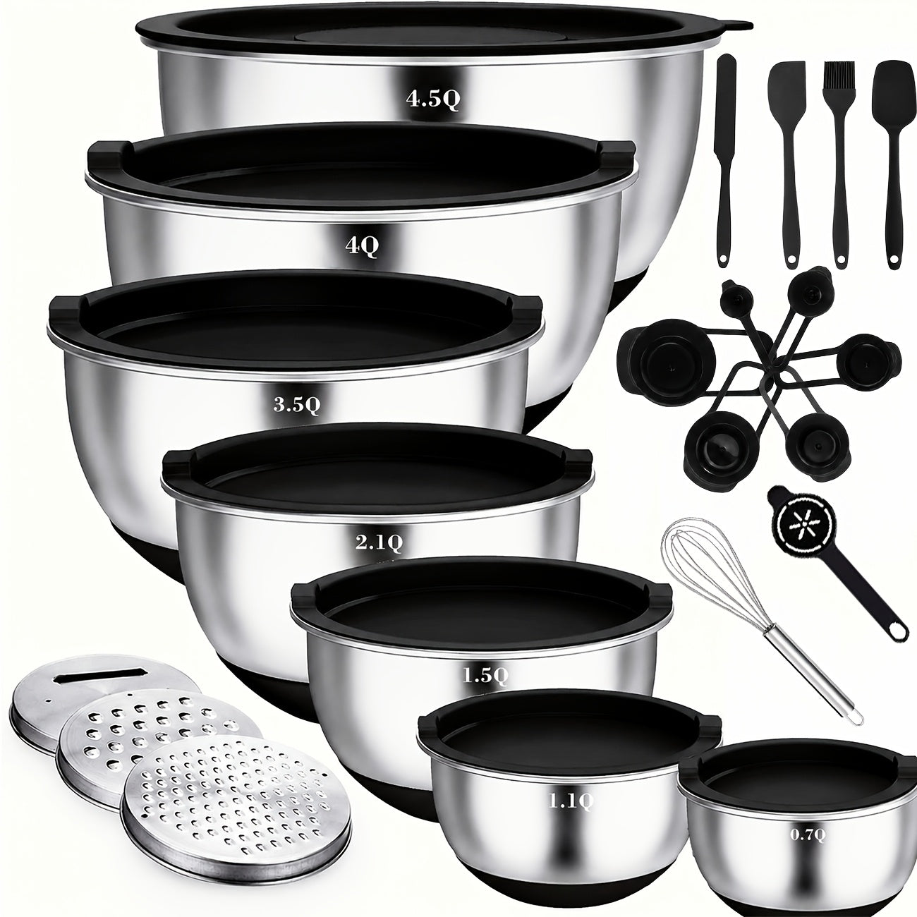 Set di ciotole per miscelare da 21 pezzi/7 pezzi con coperchi, ciotole per insalata impilabili in acciaio inossidabile con 3 grattugie, 7 cucchiaini dosatori e fondo in silicone antiscivolo, ciotole da cucina per cucinare, cuocere al forno e preparare ali