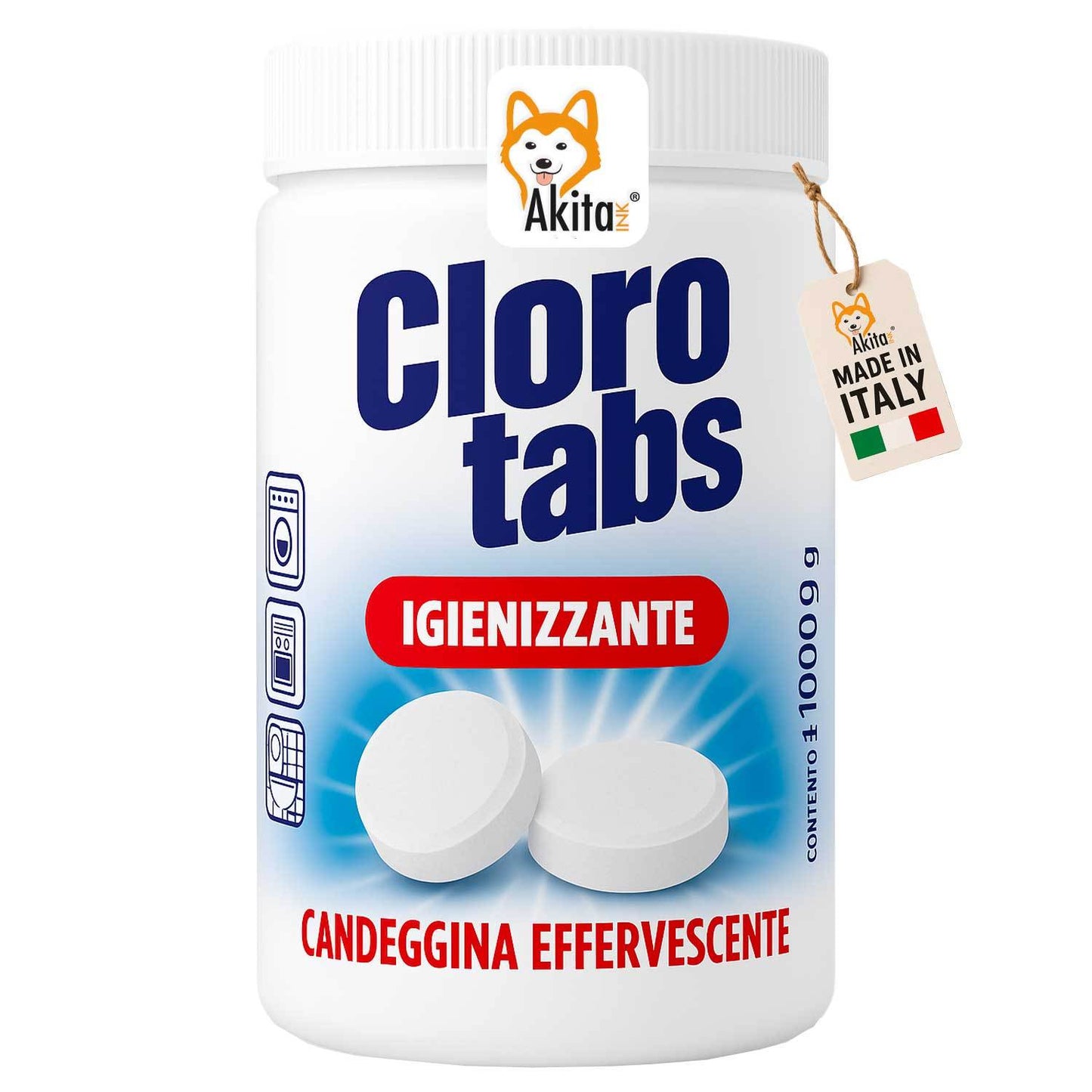 Akitaink Cloro Tabs 1kg – Pastiglie Multiuso di Candeggina Effervescente al Cloro Attivo, Igienizzanti, Sbiancanti e Deodoranti per Pulizia Casa, WC, Lavatrice e Superfici