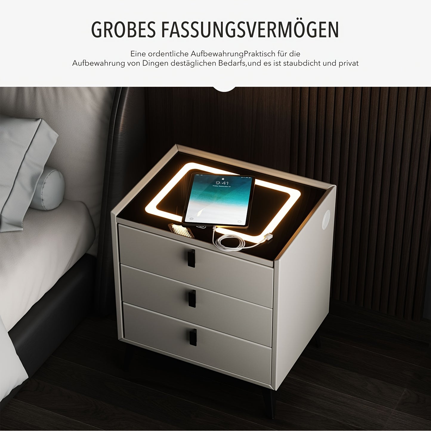 Comodino Nero/Bianco, Comodino con Luci LED Regolabili e 3 Cassetti, Organizer per Comodino Lucido per Camera da Letto