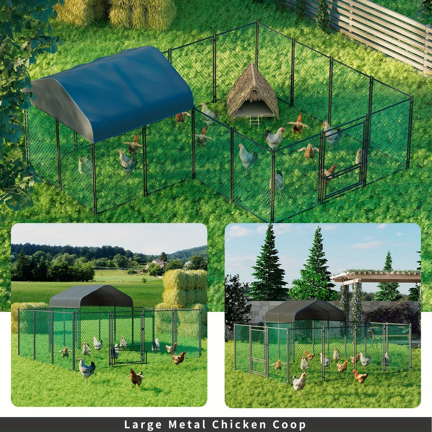 Gallinaccio da esterno in metallo: Gallinaccio in metallo zincato resistente, recinto per pollame, gabbia a visitatore, con copertura Oxford anti-ultravioletti e copertura resistente all'acqua, per galline, anatre, oche da esterno, per cortile, fattoria