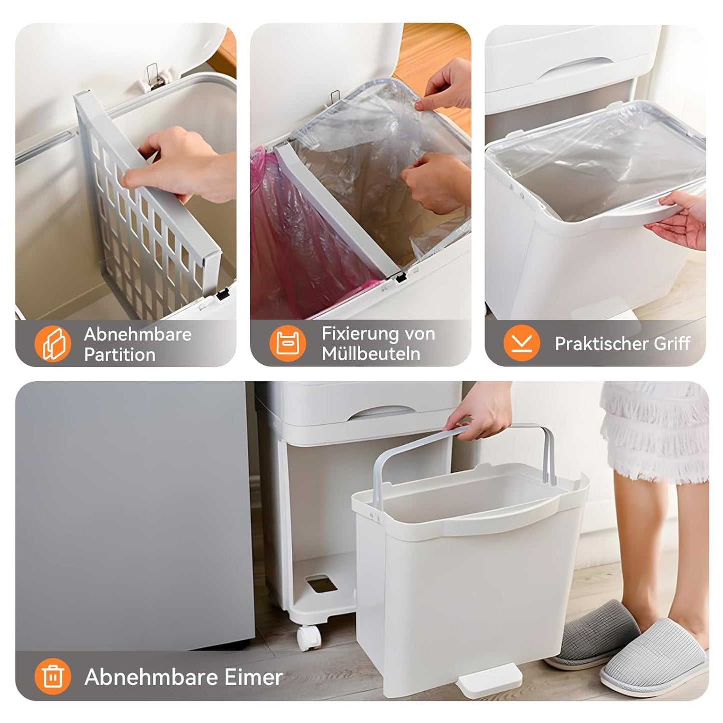Cestino per Rifiuti da Cucina, 3 Scomparti, 42L Sistema di Separazione Rifiuti in Plastica Riciclata, Cestino a Pedale con Coperchio e Ruote per Cucina, Casa, Ufficio