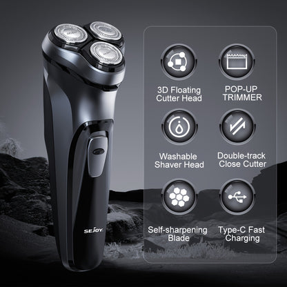 Rasoio Elettrico da Uomo, SEJOY Rasoio Elettrico per Uomo Viso, Rasoio Ricaricabile Wet & Dry con Rifinitore Pop Up, Ricarica Rapida in 1 Ora, Testina Flottante 3D, Indicatore di Alimentazione LCD