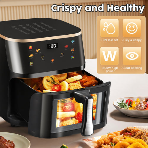 Friggitrice ad Aria Intelligente 6 in 1, Capacità di 10 Litri, Finestra Trasparente, 6 Modalità di Cottura Preimpostate, Controllo Touch, Timer da 60 Minuti, Temperatura Regolabile (80-200°C), Ideale per Barbecue Familiari e Pasti Sani a Basso Contenuto d