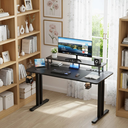 Scrivania Gaming RGB LED con Prese Elettriche e Supporto per Monitor, Postazione Ergonomica per Computer, Ampio Piano in Fibra di Carbonio per Ufficio Domestico con Portabicchieri e Gancio per Cuffie, Nero