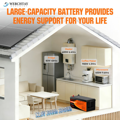 Batteria WERCHTAY 12.8V LiFePO4 300/200/100Ah, Dotata di Celle di Batteria di Grado A+, Oltre 25000 Cicli di Scarica Profonda, Protezione Intelligente BMS da Sovraccarica/Sottocarica, per Accumulo Energetico Domestico, Camper da Esterno, Applicazioni Sola