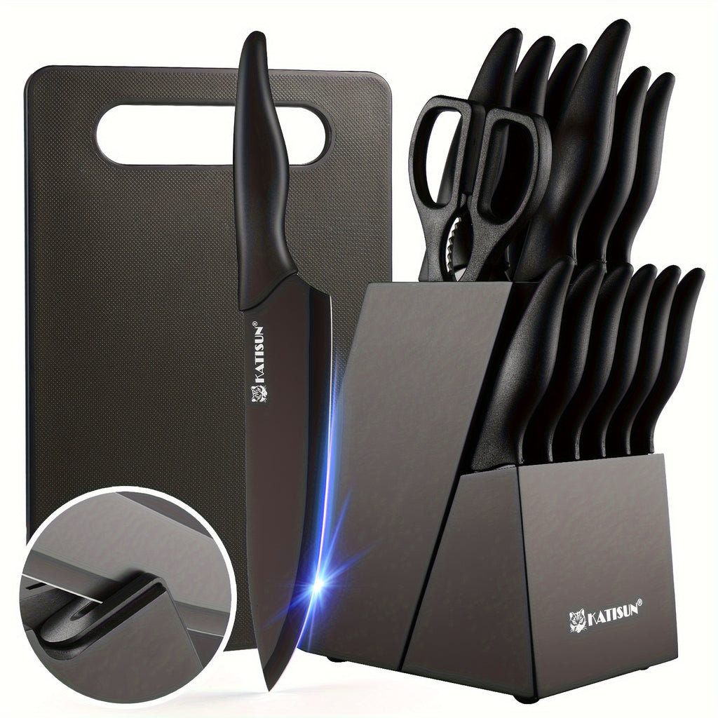 Set di 15 coltelli da cucina professionali con blocco in legno nero, manico antiscivolo in ABS per coltelli da chef, tagliere in plastica e forbici da cucina, regali di Natale e Capodanno per la cucina