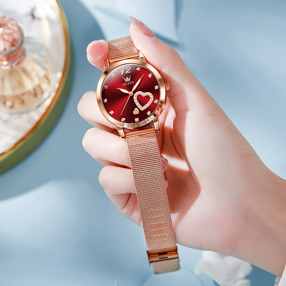 OLEVS Orologio da Donna Moda Oro Rosa Strass Orologio da Donna per Donne Cinturino a Rete Lusso Abito Cuori Damigelle Quarzo Luminoso Data Orologi da Polso da Donna Quadrante Nero/Bianco/Rosso/Rosa