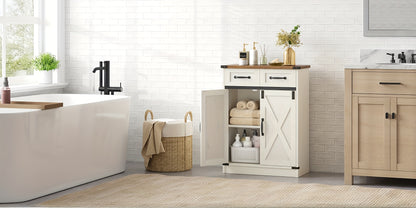 Armadietto Bagno, Armadio con 2 Cassetti e 2 Ante, Mobile da Cucina, Mensola Regolabile, Stile Country House, Soggiorno, 30 x 60 x 80 cm, Marrone Vintage-Bianco