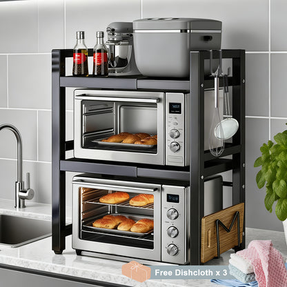 Scaffale Espandibile per Microonde a 2/3 Livelli con 2 Ganci, Porta Tagliere e 3 Asciugamani. Larghezza Regolabile da 40cm a 64cm, Altezza Regolabile. Adatto per Cucine, Studi e Uffici (Nero, Bianco)