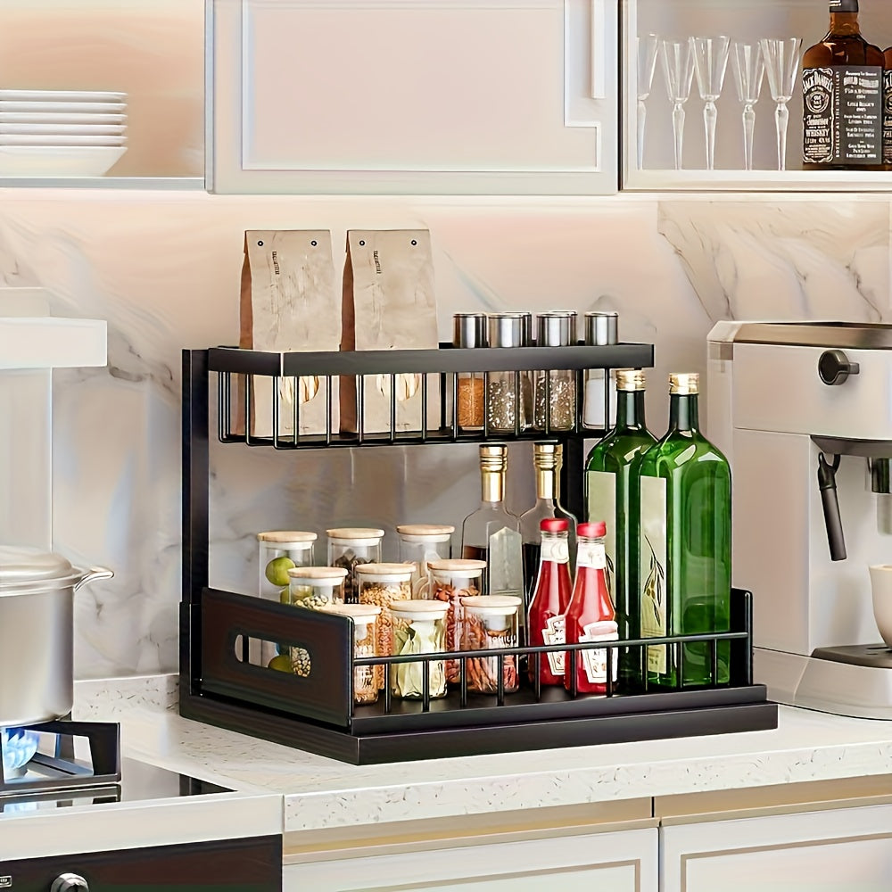 1 pz di scaffale regolabile sottolavello, un ripiano estraibile in metallo progettato per risparmiare spazio con un organizer a doppio strato per armadietti da cucina, perfetto per organizzare e smontare la zona del lavello. Questo moderno ripiano da cuci