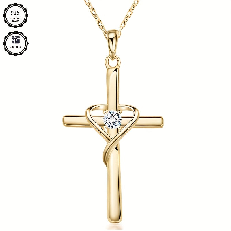 Magazzino Locale, Collana a Croce con Zirconia Dorata in Argento 925 da Donna, Temperamento Elegante, Adatta per l'Uso Quotidiano, Regalo Perfetto per le Feste per Donne per San, Natale, Anniversario, Confezionata in un'Esquisita Confezione Regalo