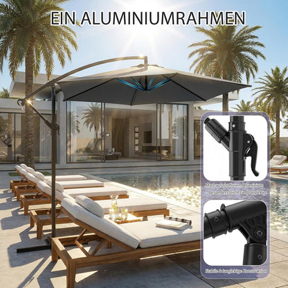 Ombrellone a banderuola Sekey 300 cm con tettuccio inclinabile, ombrellone con palo in alluminio da 48 mm e 6x stecche in acciaio, ombrellone da giardino e terrazza rotondo pieghevole, inclusa cinghia aggiuntiva antisgambo