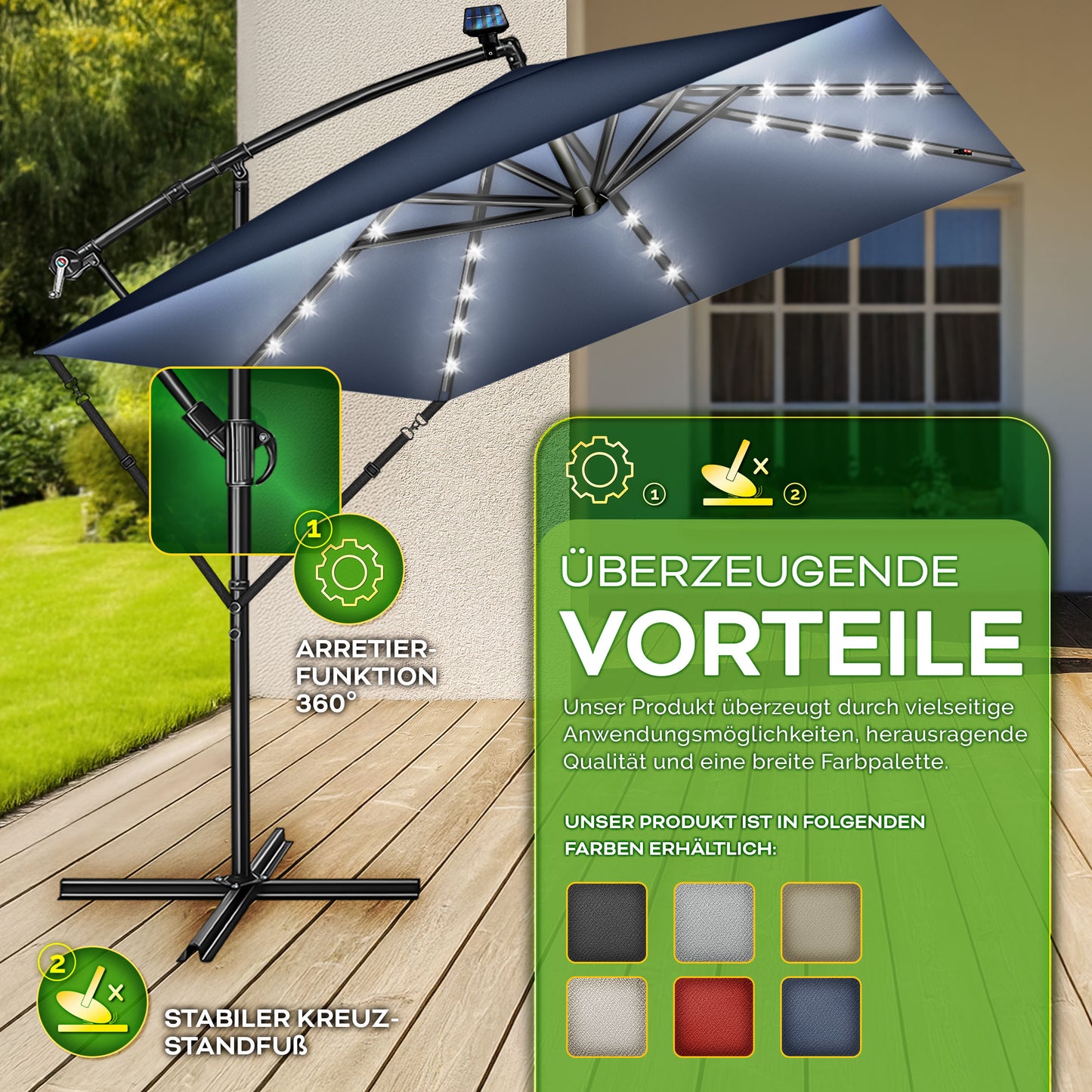 Tillvex® Tenda da Sole Rettangolare in Alluminio con LED Solare Ø 330 Cm + Copertura con Manovella | Ombrello Angolare con Luce Stradale, Supporto e Parabrezza | Grande Ombrello da Giardino in Alluminio con Protezione UV | Ombrello con Manovella, Ombrello