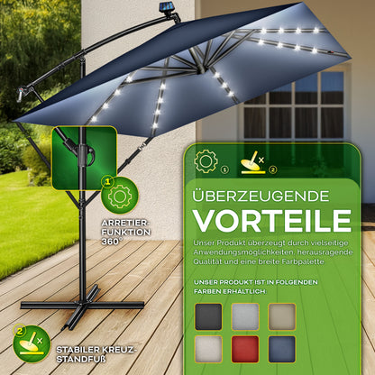 Tillvex® Tenda da Sole Rettangolare in Alluminio con LED Solare Ø 330 Cm + Copertura con Manovella | Ombrello Angolare con Luce Stradale, Supporto e Parabrezza | Grande Ombrello da Giardino in Alluminio con Protezione UV | Ombrello con Manovella, Ombrello