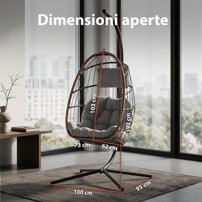 Poltrona Sospesa da Giardino Richiudibile con Cuscini Imbottiti in Acciaio Zincato e Effetto Rattan - Portata 160kg