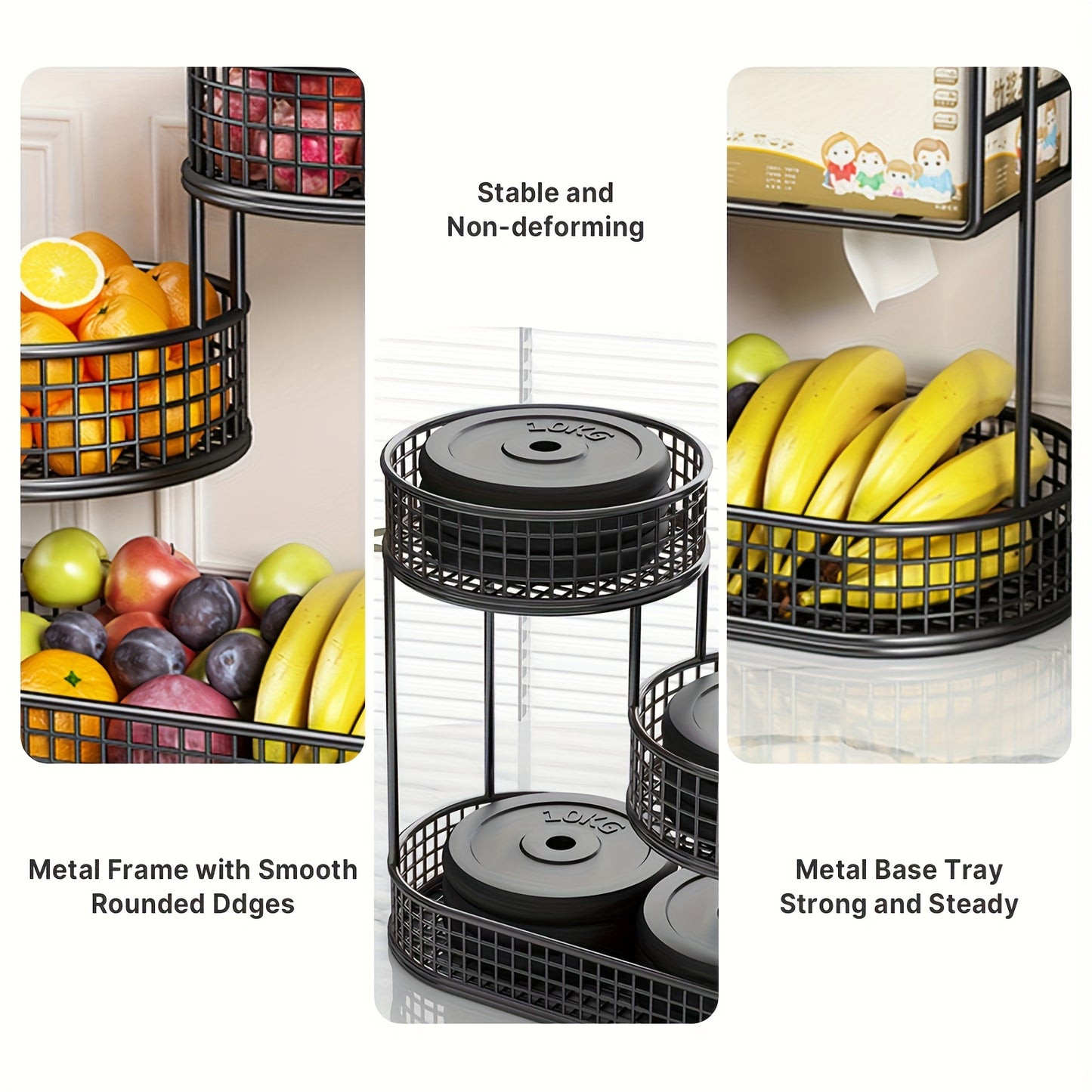 Porta Frutta a Tre Ripiani Spazioso in Metallo Nero - Stoccaggio Ottimizzato in Cucina - Ideale per Conservare Frutta, Verdura, Pane e Snack, Ottima Opzione per Natale, Perfetto per il Ringraziamento