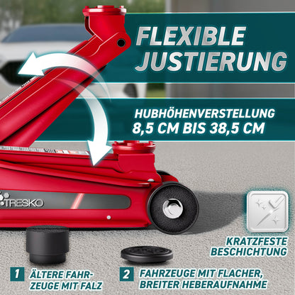 Cric idraulico per auto TRESKO® 2.5 - 3T | Cric idraulico per spostamento auto e SUV con ruote piane e a 360°, include 2 guarnizioni in gomma, tappetino protettivo, guanti