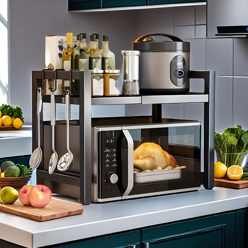 Mensola da Cucina a 2 Ripiani (Nero), Supporto da Appoggio per Cucina a Microonde, Mensola da Cucina per Forno, Portaoggetti da Cucina, Estensibile 40 - 65 Cm, con 6 Ganci, Crea uno Spazio Cucina Ordinato, Mensola da Terra, Mensola da Terra