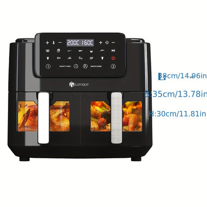 Friggitrice ad Aria 9L XXL 9-in-1 Doppia Zona con Finestra di Visione Friggitrice ad Aria Senza Olio 2 Cassetti Touchscreen Funzione Intelligente & Timer Friggitrice Sana a Basso Contenuto di Grassi