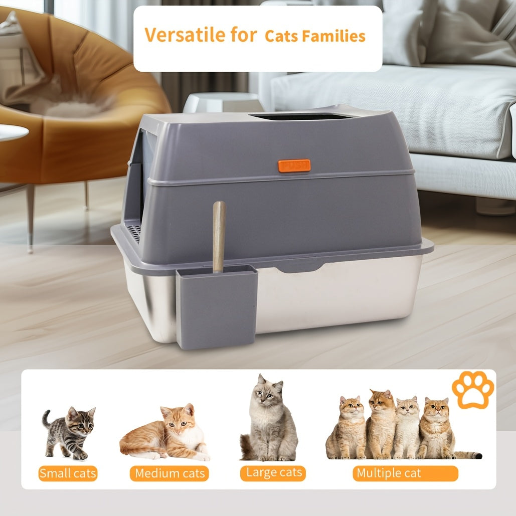 Lettiera per gatti extra large in acciaio inossidabile con coperchio - Misura XL, sponde alte, a prova di perdite, design facile da pulire, include paletta - Adatta per più gatti e razze di grandi dimensioni