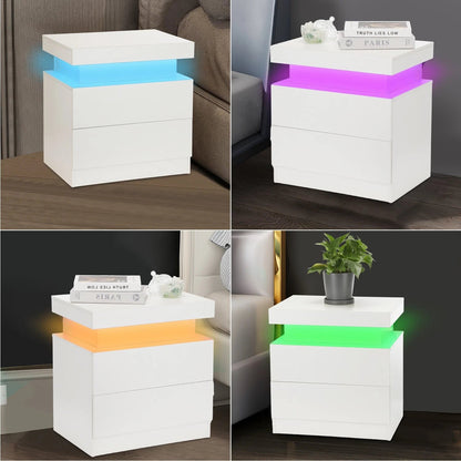 Comodino Lucido con 2/3 Cassetti, Comodino LED e Moderno Scrivania, Tavolino Laterale con Illuminazione LED a 16 Colori per Soggiorno, 45X35X55Cm / 45X35X67Cm, Bianco/Nero