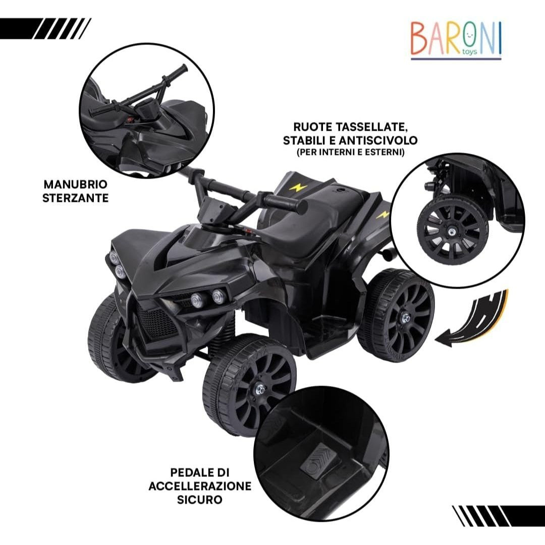 Baroni Toys Quad Elettrico per Bambini 3+ anni con Manubrio Sterzante, Musica e Luci Funzionanti, Quad con Modalità Avanti/Retro, Facile da Montare, 70x42x45 cm