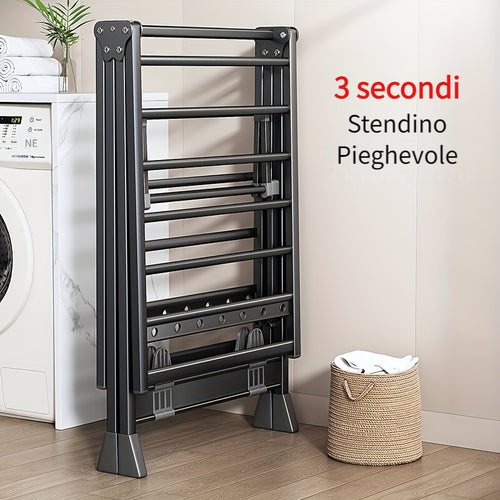 Stendino per Biancheria Pieghevole in Alluminio Resistente con Scarpiere - Design 3 Secondi, Altezza Regolabile, 4 Ruote per Interno/Esterno, Montaggio Senza Attrezzi, Struttura A-Frame Stabile, Grigio Portatile Salvaspazio, Assemblaggio Semplice, Costruz