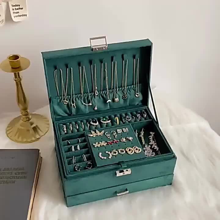 Scatola Organizzatrice Gioielli a 3 Scomparti con Serratura a Chiave - Scomparti Rivestiti in Velluto Morbido per Orecchini, Collane, Bracciali, Anelli - Scatola PU Pastello, Serratura, Design Retrò, Regalo Ideale per (Natale, Matrimonio), Scatole Gioiell