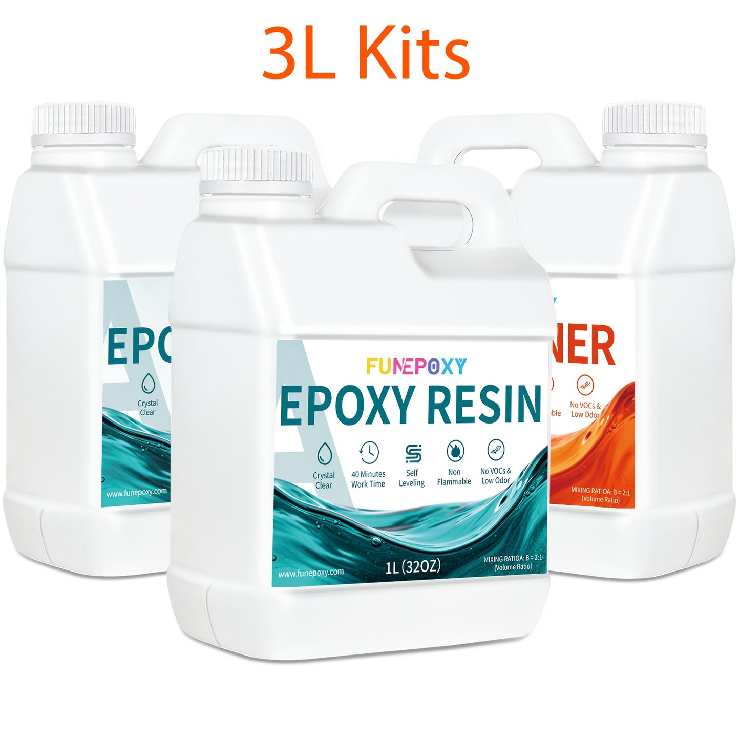 FUNEPOXY Kit Resina Epossidica 2:1 Alta Lucentezza Super Trasparente - A Scorrimento Rapido, Senza Bolle, Basso Odore, Facile da Usare, Alta Durata, Finitura Cristallina per Creazione di Gioielli, Piani di Tavoli a Fiume, Bicchieri, Stampi, Pittura su Leg