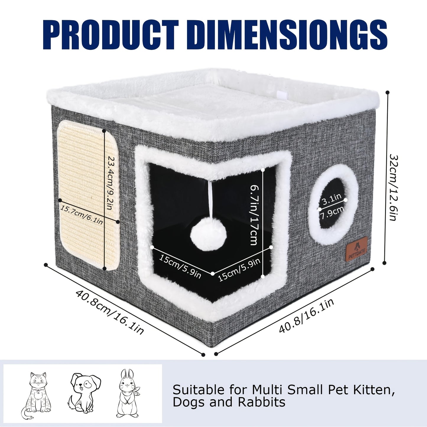 Cuccia per gatti con letti a 2 livelli, tunnel giocattolo, divano pieghevole, tiragraffi e palla sospesa in peluche - Struttura resistente in nylon, tela morbida, design chiuso per tutte le stagioni, facile da montare, cuccia a cubo per interni, unità di