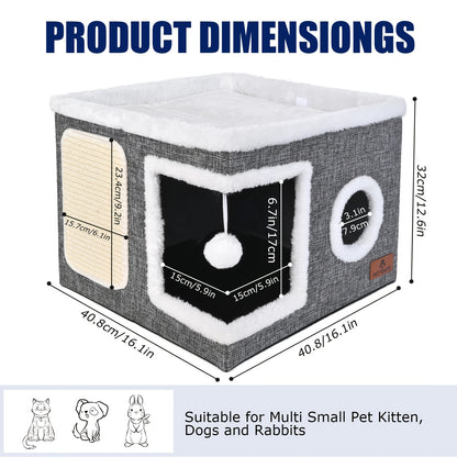 Cuccia per gatti con letti a 2 livelli, tunnel giocattolo, divano pieghevole, tiragraffi e palla sospesa in peluche - Struttura resistente in nylon, tela morbida, design chiuso per tutte le stagioni, facile da montare, cuccia a cubo per interni, unità di
