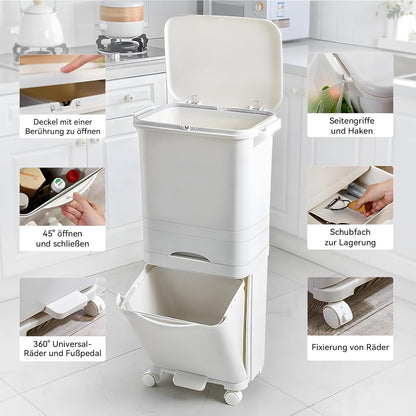 Cestino per Rifiuti da Cucina, 3 Scomparti, 42L Sistema di Separazione Rifiuti in Plastica Riciclata, Cestino a Pedale con Coperchio e Ruote per Cucina, Casa, Ufficio