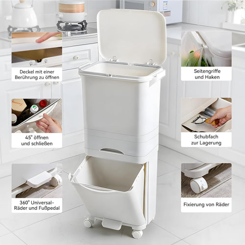 Cestino per Rifiuti da Cucina, 3 Scomparti, 42L Sistema di Separazione Rifiuti in Plastica Riciclata, Cestino a Pedale con Coperchio e Ruote per Cucina, Casa, Ufficio