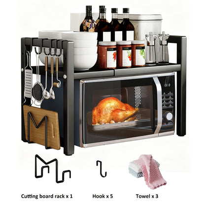 Scaffale Estendibile per Microonde a 2 Livelli con 5 Ganci, Porta Taglieri e 3 Asciugamani, Scaffale per Cucina, Scaffale per Microonde e Forno da Piano, Estendibile 40-64 cm (Nero, Bianco)