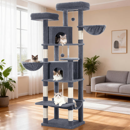 Per albero per gatti grande, 175 cm, tiragraffi per gatti di taglia grande, stabile con tiragraffi, 2 comode casette per gatti, 2 posatoi, 2 cesti, amaca, per uso interno