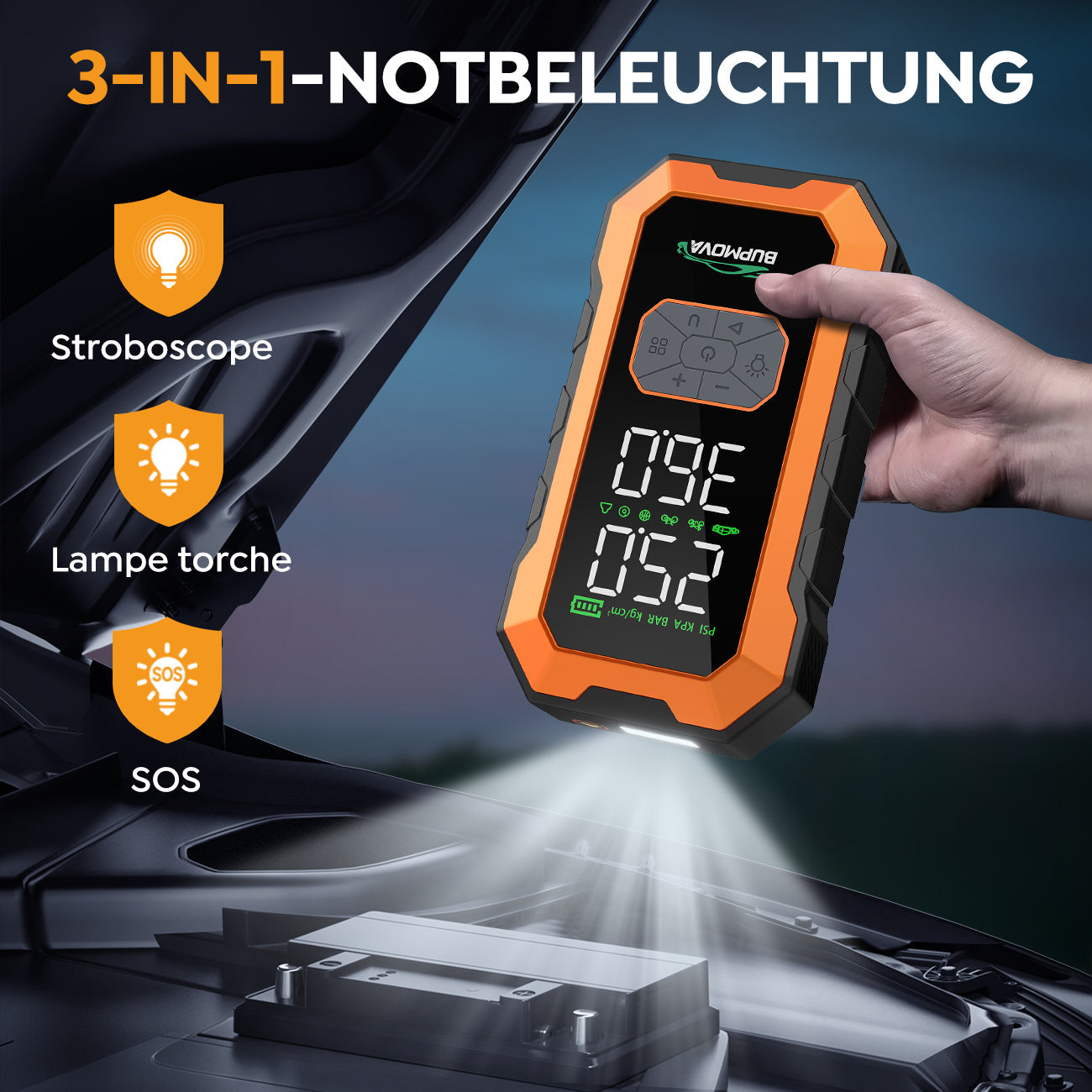 Avviatore di emergenza per auto 12000A con compressore d'aria, pompa di gonfiaggio per pneumatici senza fili, booster per batteria con power bank e torce LED, scatola di avviamento automatico 12V per tutti i veicoli a benzina o diesel da 10.0L, doppio dis