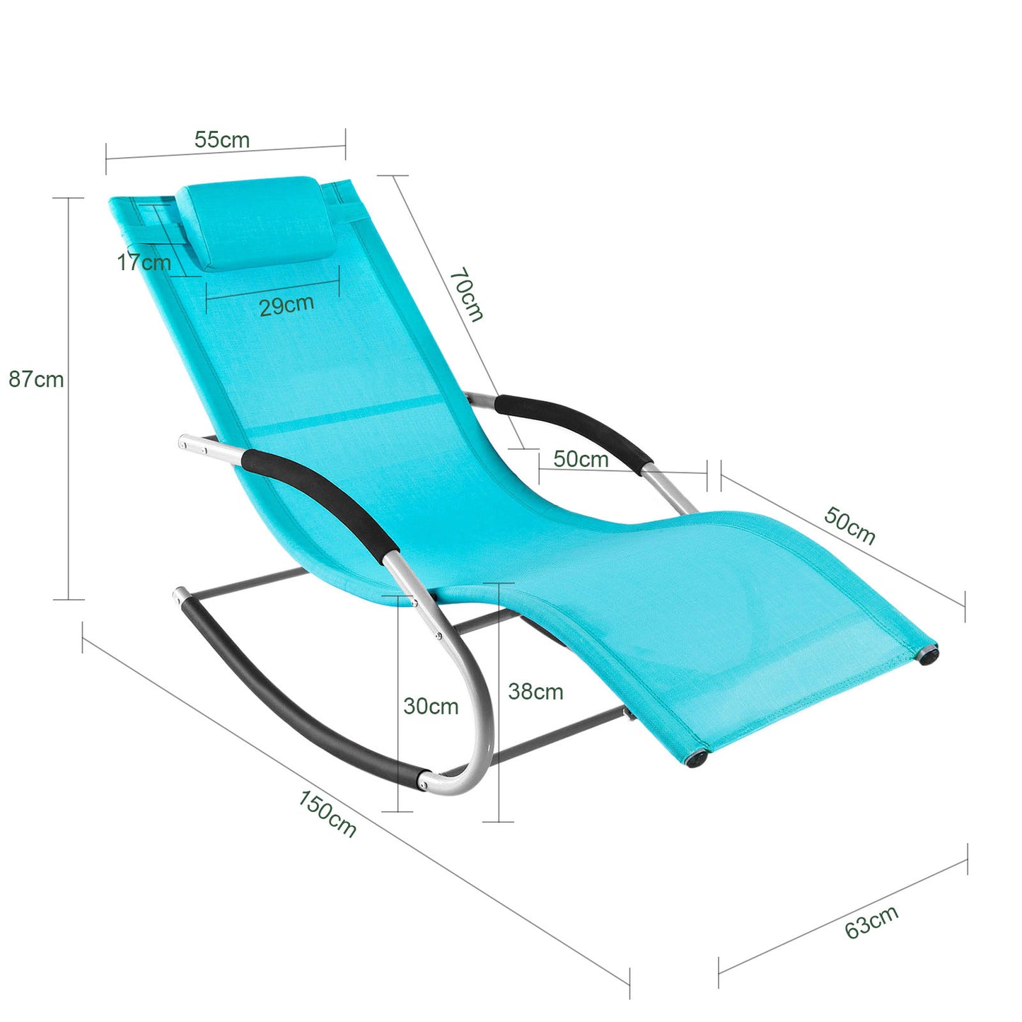 1 Pezzo Lettino Prendisole Lettino da Giardino Sdraio Relax Sedia a Dondolo da Esterno con Cuscino Poggiatesta Superficie Ergonomica Tessuto Resistente agli Agenti Atmosferici Struttura in Metallo Tasca Laterale Portata Massima 150 kg Terrazza Balcone Gia