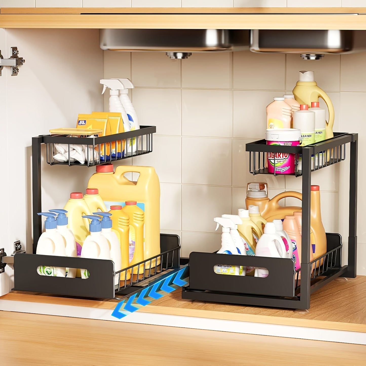 Organizzatore a doppio strato sottolavello - Scaffale estraibile in plastica resistente per armadietti, design impermeabile e antiruggine salvaspazio, adatto per cucina, bagno, dispensa, lavanderia - Facile da installare