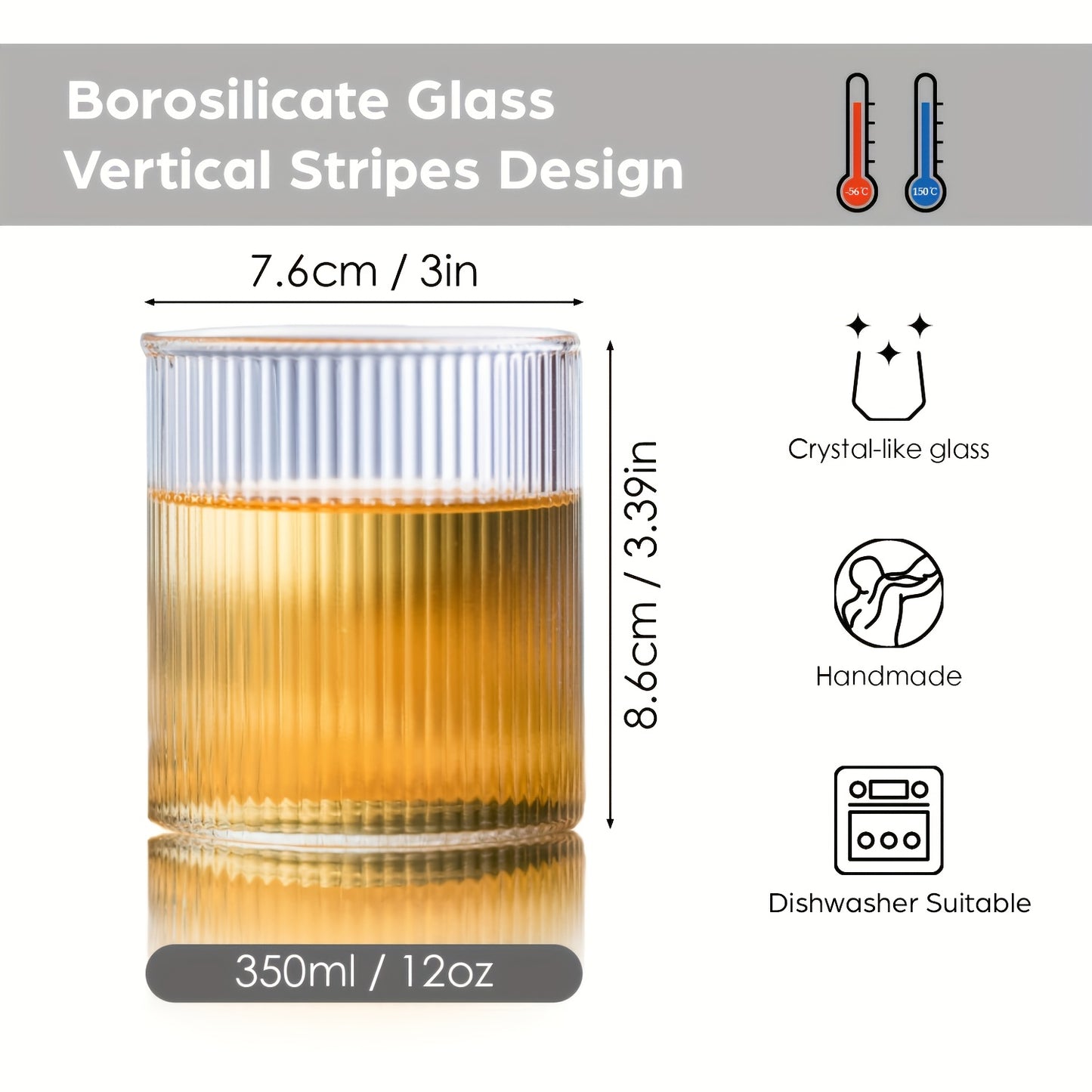 Magazzino Locale, 8pz Bicchieri in Vetro con Design a Righe Verticali Giapponesi, Realizzati in Vetro Borosilicato, Adatti per Bevande Calde e Fredde, Lavabili in Lavastoviglie, 350ml/12oz, Ideali per Whisky, Cocktail, Caffè, Tè, Succo e Bevande Fredde. P