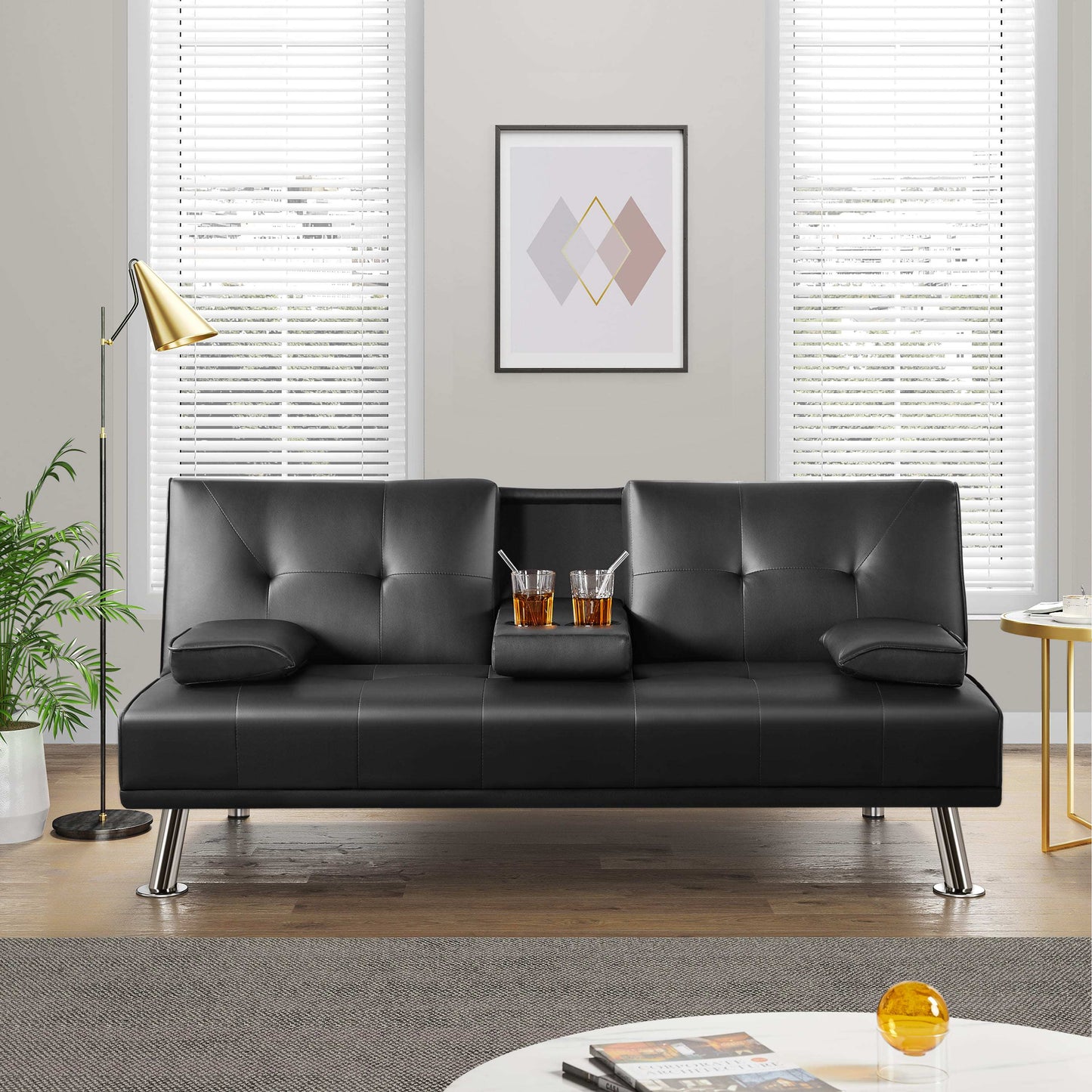 Costoffs Divano Letto a 3 Posti Divano Trasformabile con 2 Braccioli Staccabili Mobile Imbottito con Supporto Centrale Porta Bicchieri Divanetto Reclinabile da Salotto