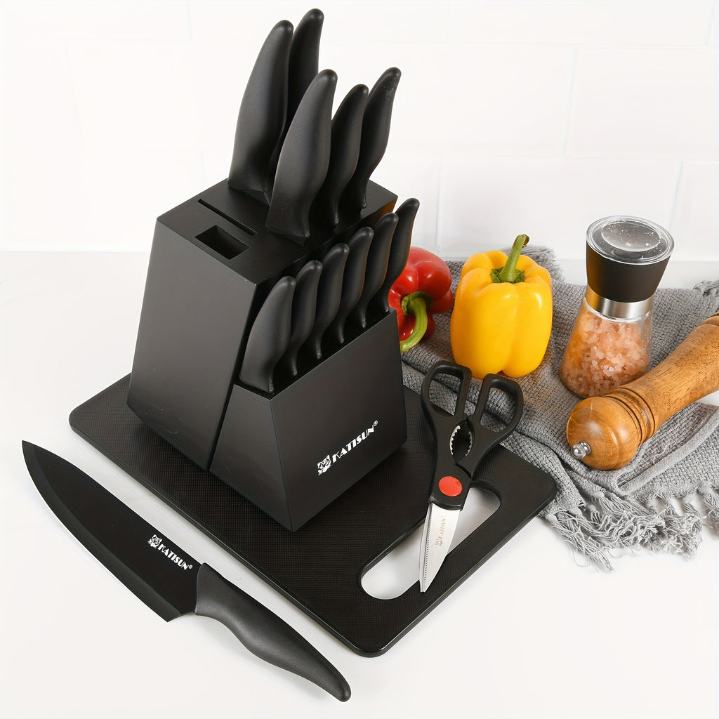 Set di 15 coltelli da cucina professionali con blocco in legno nero, manico antiscivolo in ABS per coltelli da chef, tagliere in plastica e forbici da cucina, regali di Natale e Capodanno per la cucina
