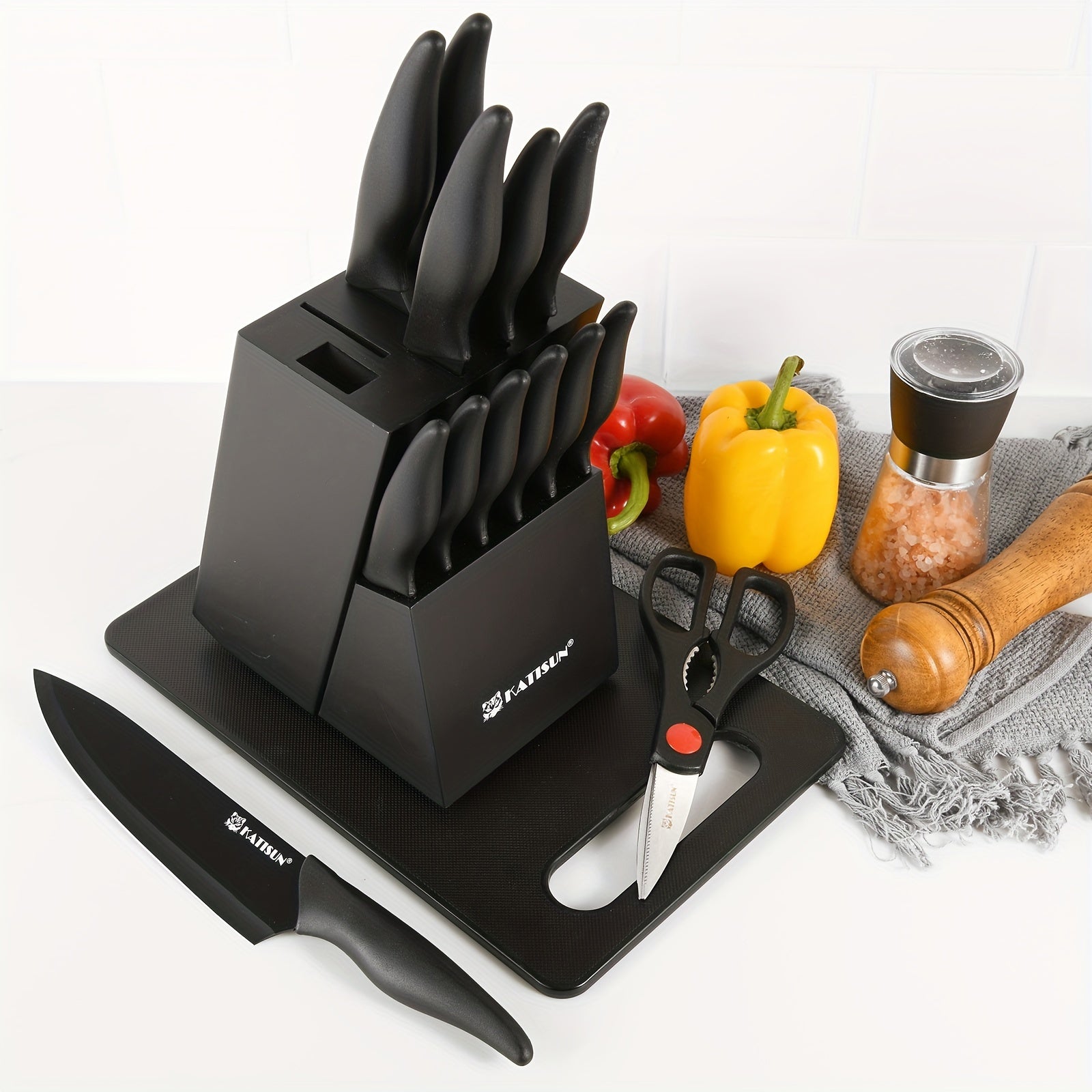 Set di 15 coltelli da cucina professionali con blocco in legno nero, manico antiscivolo in ABS per coltelli da chef, tagliere in plastica e forbici da cucina, regali di Natale e Capodanno per la cucina