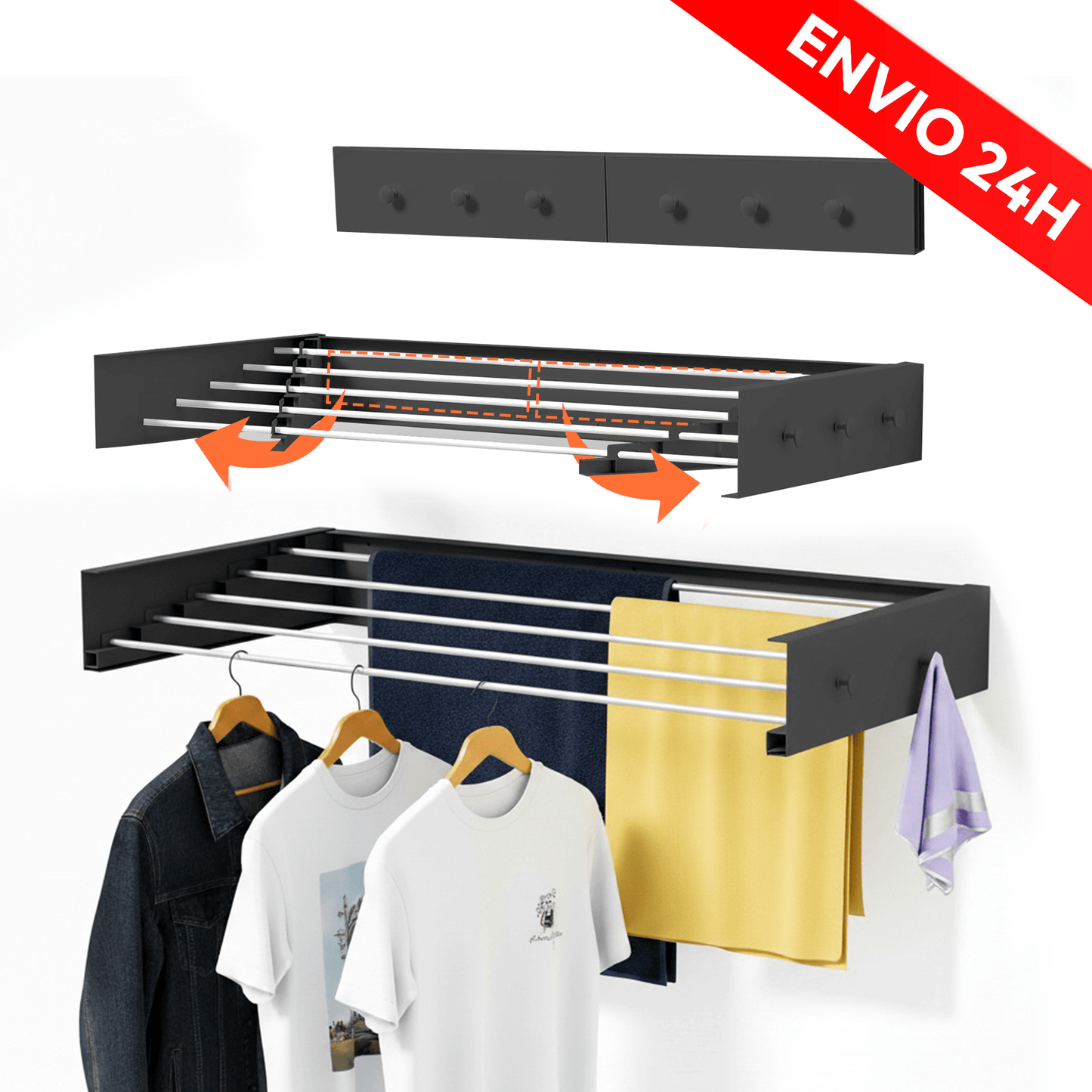Stendibiancheria a muro retrattile e pieghevole RELAXTY, 80 cm | Stendibiancheria a muro pieghevoli per uso interno o esterno | Design compatto salvaspazio con capacità di 30 kg