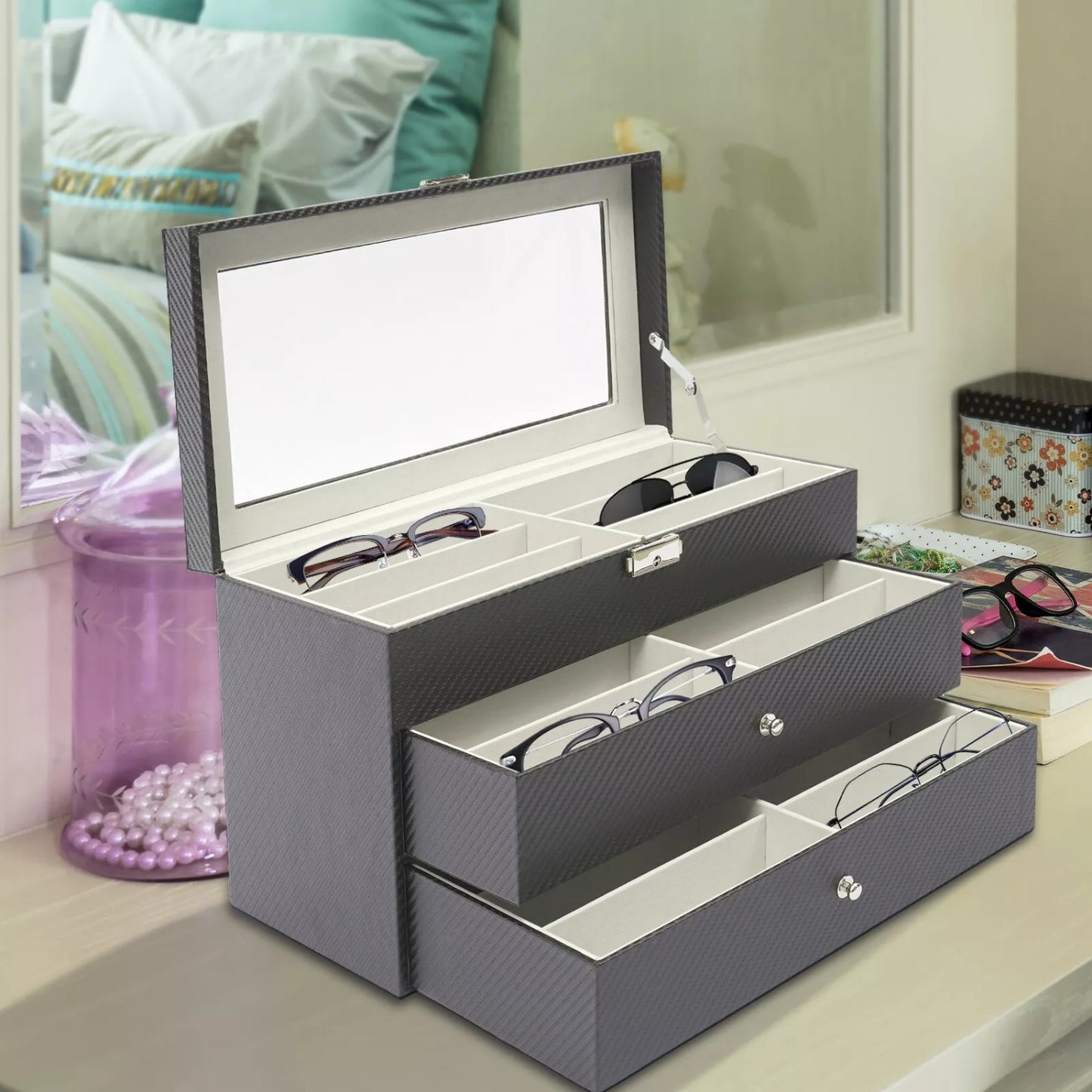 Custodia organizer portaocchiali per donna e uomo - Portaoggetti portaocchiali da esposizione con cassetto e coperchio in vetro