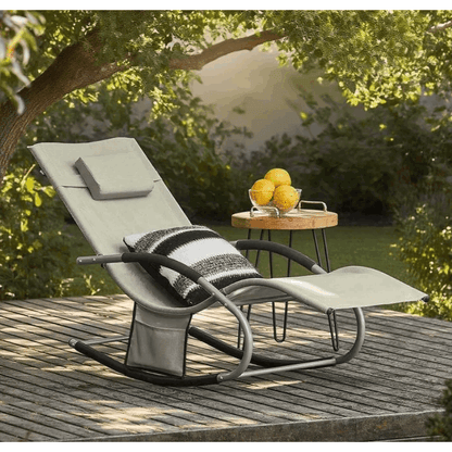 1 Pezzo Lettino Prendisole Lettino da Giardino Sdraio Relax Sedia a Dondolo da Esterno con Cuscino Poggiatesta Superficie Ergonomica Tessuto Resistente agli Agenti Atmosferici Struttura in Metallo Tasca Laterale Portata Massima 150 kg Terrazza Balcone Gia