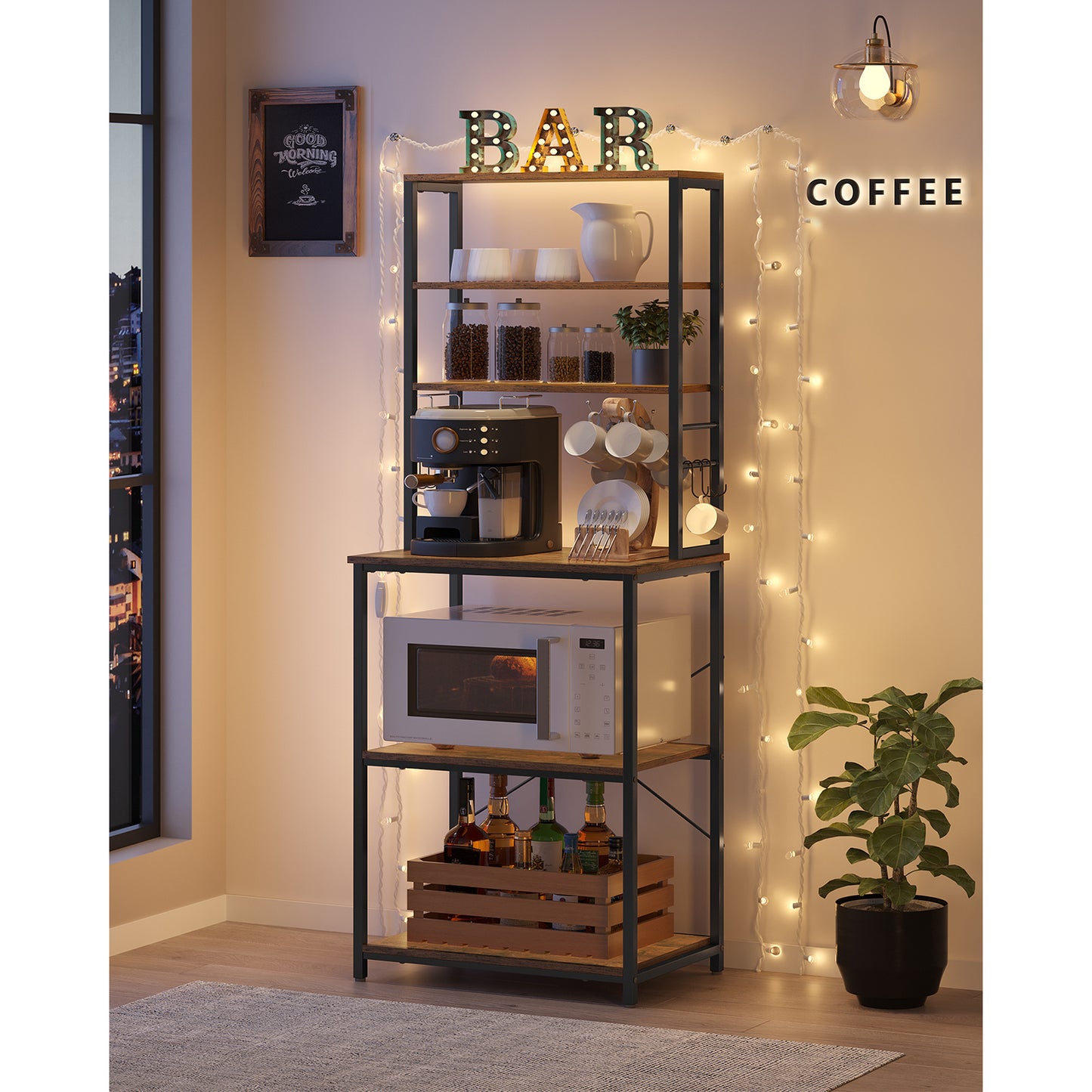 VASAGLE Scaffale Portaoggetti da Cucina, Stazione Caffè, Griglia da Forno, con 6 Ripiani e 6 Ganci, Adatto per Microonde, Struttura in Acciaio, Stile Industriale, Dimensioni 40 X 60 X 167 Cm