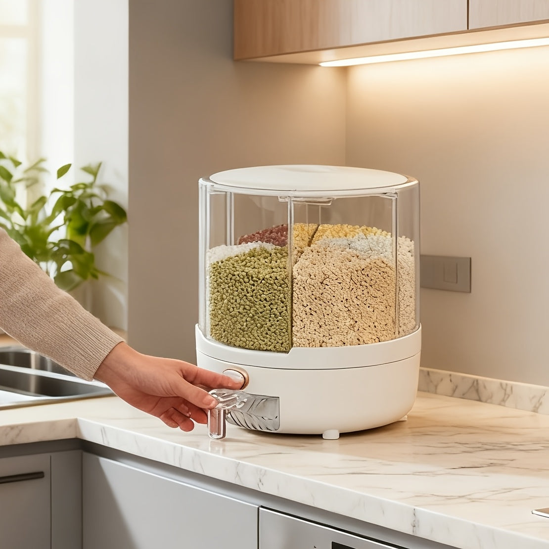 Contenitore Rotante per Cereali | PET | 6 Scomparti Antiumidità | Design a Tappo Ribaltabile Rotondo | Lavaggio Manuale Solo per Alimenti Secchi | 4,5 L (L. D. 22 X 25 cm)